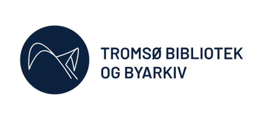 white lines on a dark blue circle depicting contours of Tromsø's library. Text: Tromsø bibliotek og byarkiv